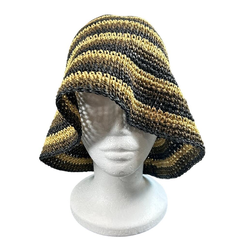 Paper Straw Hat- Striped Hat- OSFM- Womens Floppy Bucket Cap- Oversized 90s